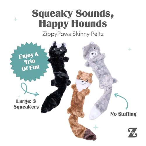 ZippyPaws Skinny Peltz No Stuffing Dog Toy Pack to Keep Them Busy - 18" | For Medium and Large Dogs, Squeaky Pet Toys, Unstuffed Chew Toys, Soft Plush Variety Pack, Weasel, Skunk, and Wolf - style: Weasel, Skunk, Wolf - Large (3-pack)