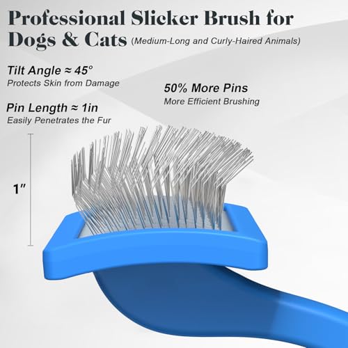 2PCS Slicker Brush for Dogs & Pet Comb,Professional Dog Grooming Brush (Goldendoodles,Poodles,Labradoodles) with Extra Long Pins to Effectively Remove Tangles, Knots and Mats (Blue, Medium) - color: Blue, size: Medium