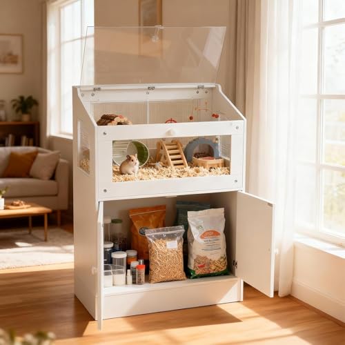 Hamster Cage with Storage Cabinet, Clear Acrylic Small Animal Enclosure with Ventilated Design, Habitat for Hamsters, Gerbils, Rats, Guinea Pigs and Hedgehogs