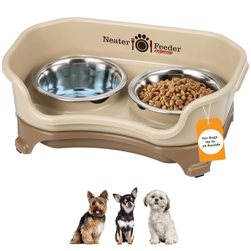 Neater Feeder Express Mess Proof Dog Bowls Elevated for Small Breeds under 15 Lb, Made in USA, No Spill Raised Dog Food Bowl Stand, Stainless Steel Food and Water Bowl Set, Feeding Station, Cappuccino - color: Cappuccino, size: Small w/ Standard Bowls