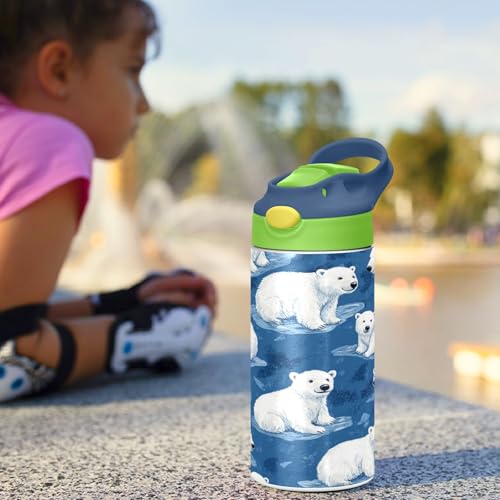 OTVEE Cartoon Polar Bear Kids Water Bottle with Straw Lid 12 oz Insulated Stainless Steel Leakproof Duck Mouth Tumbler Cup for Boys Girls Teen School - color: Cartoon Polar Bear