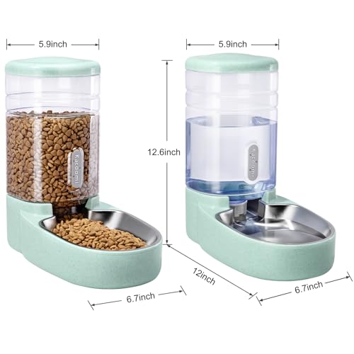 Automatic Cat Feeder and Water Dispenser with Stainless Steel Bowl Gravity Food Feeder and Waterer Set for Small Medium Dog Puppy Kitten 1 Gallon x 2(Green) - color: Stainless Steel-Green