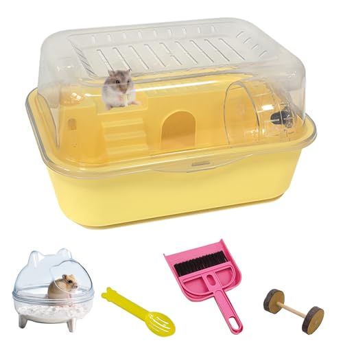 Hamiledyi Dwarf Hamster Cage Clear Plastic Small Hamster Cage Portable Carrier with Water Bottle Exercise Wheel Bathtub Box Set Toy for Dwarf Baby Hamster (Yellow) - color: Yellow
