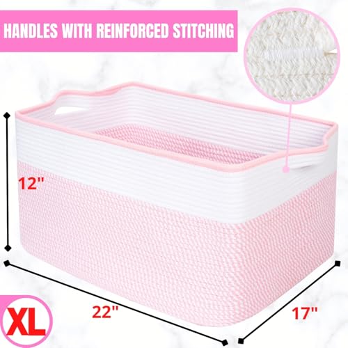 22in Extra Large Blanket Basket Holder Living Room, Rectangle Rope Woven Storage Basket with Handles for Laundry, Pool Towels, and Shoes, Dog Toy Organizer Bin Box, Light Pink - color: Light Pink