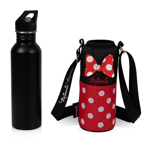 Picnic TIME Disney Shorts Bottle Cooler Tote, Insulated Water Bottle Holder with Adjustable Shoulder Strap for Travel Picnic Theme Parks, Fits 20 to 26 oz Bottles - color: Disney Minnie Mouse - Black with Red Pattern