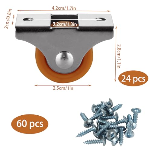 SHUESS 24 PCS 1" Small Casters Wheels, Mini Trundle Bed Wheels with Metal Top Plate, Silent Ball Bearing TPR Wheel for Furniture Rolling Cabinet Trundle Bed Drawer with 60 Screws