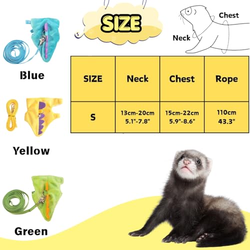 Ferret Harness and Leash Set Cute Dinosaur Design Soft Mesh Small Pet Harness Vest with Safe Bell Walking Clothes for Small Animals Ferret Rabbit Guinea Pig Squirrels (Green) - color: Green