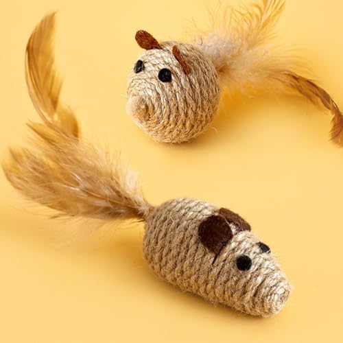 3 Pack Cat Mouse Toys with Feather Tail Rattling Noise Sound Natural Sisal Cat Toys Teeth Cleaning Dental Chew Toys Interactive Cat Mice Toy Mice Cat Toys for Indoor Cats Kittens Puppies