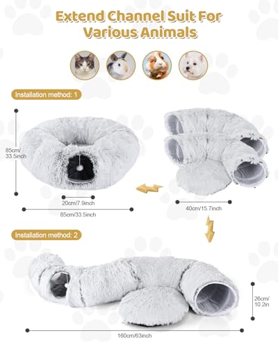 Cat Tunnel Bed with 20 Pcs Interactive Toys, 3-in-1 DIY Collapsible Plush Cat Tube with Washable Mat, Large Indoor Play Tunnel Cave for Kittens and Small Animals - color: Off-white