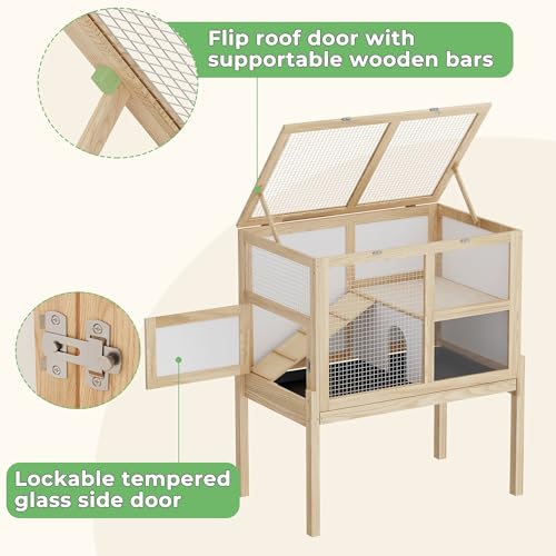Timechee Guinea Pig Cages for 2, Small Animals Rabbit Cages with a Pull Out Tray, Large Wooden Indoor 2-Story Hamster House, Guinea Pig Hideout Habitat Playpen with Ramp, Platform, Natural