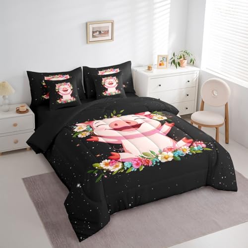 Erosebridal Pink Pig 7 Piece Comforter Set for Girls Kawaii Room Decor Full,Rose Floral Leaf Bed in a Bag with Flat Sheet and Fitted Sheet,Cute Farm Animal Cartoon Bedding Set with Pillowcase & Sham - color: Black Pink, size: Full