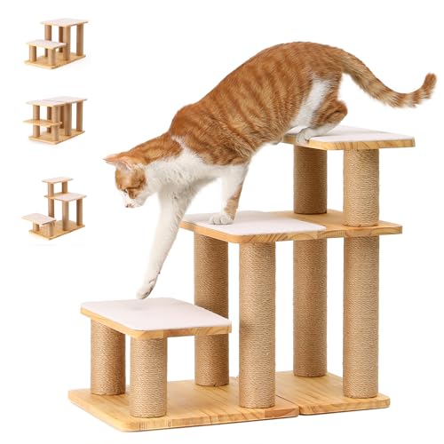 FUKUMARU Dog Stairs, Solid Wood Pet Stairs with Cat Scratching Post | Transformable Cat Step Hold Up to 200 lbs, 20" Pet Ramp for Dogs and Cats to Climb High Bed and Couch, Over 6 Combinations - color: Beige