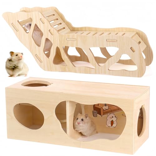 2 Pcs Hamster Hideout Set House and Tunnel, Wooden Exploring Tunnel with Ladder, Small Animal Playground Exploring Toys for Rats, Syrian Hamsters, Gerbils, Guinea Pig(Style2) - color: Style2