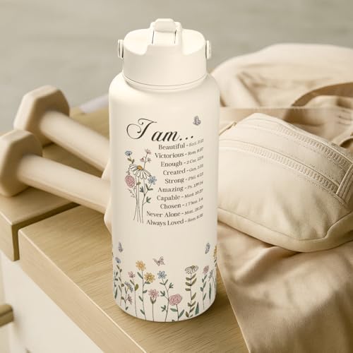 Christian Inspiration Water Bottle 32oz Stainless Steel with Lid & Straw, Inspirarional Insulated Bottles for Women Girls, Religious Inspirational Gift Idea for Birthday Christmas - color: Christian