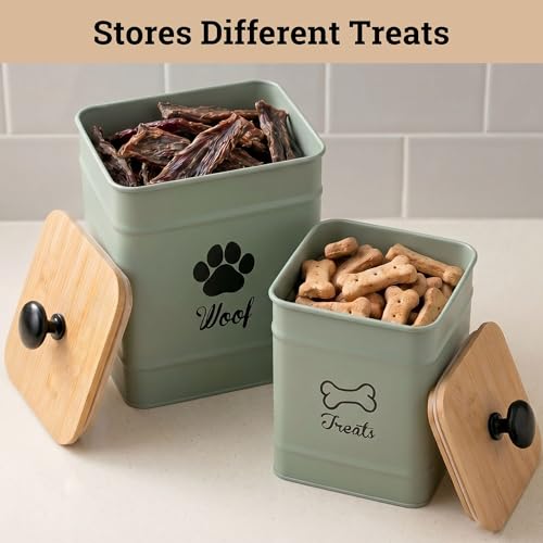 Dog Treat Container Set of 2 with Airtight Bamboo Lids - 8x6 & 7x5 inch | Fits All Popular Treats, Up to 20 Cups Combined Capacity, Airtight Bamboo Lid, Easy Open Lid, Dent-Resistant Durable Metal - color: Sage Green - Large