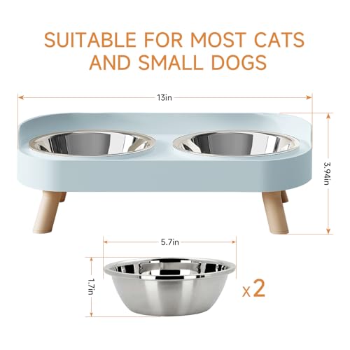 Elevated Cat Bowl, Raised Cat Food and Water Bowl Set for Indoor Cats, Splash Proof with 2 Stainless Steel Pet Food Bowls for Cats and Puppies, Whisker Fatigue and Dishwasher Safe - Blue - color: Cat Bowls-Blue