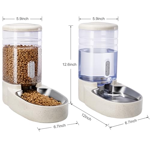 Automatic Cat Feeder and Water Dispenser with Stainless Steel Bowl Gravity Food Feeder and Waterer Set for Small Medium Dog Puppy Kitten 1 Gallon x 2(Beige) - color: Stainless Steel-Beige