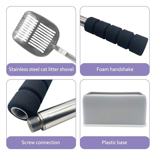 PINVNBY Cat Litter Scooper, Long Handle Litter Sifter Scoop with Litter Scoop Holder Stainless Steel Kitten Scooper Deep Kitty Litter Scooper with Box Metal Detachable Sifting Litter Shovel Set - color: Silver