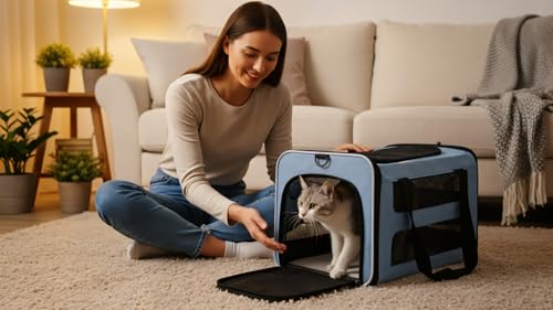 Cat Carrier Soft-Sided Travel Bag for Medium to Large Cat Over 15lbs | Small Puppy Dog Carry Crate 12 Pounds, Top Entry, Breathable Mesh, Pet Kitten Rabbit Cage Bag Transport Kennel Collapsible - color: Blue