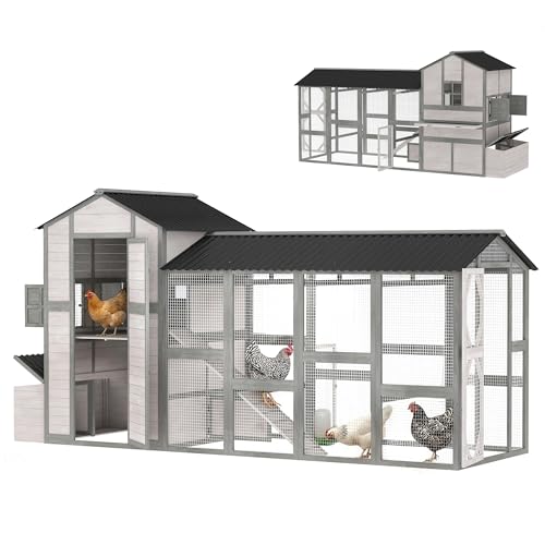 PawHut 147" Extra Large Chicken Coop Wooden Hen House for 8-10 Hens Gray | Outdoor Poultry Hutch with Run, Removable Tray, Nesting Box, Ramp for Duck Rabbit, Ventilated Windows