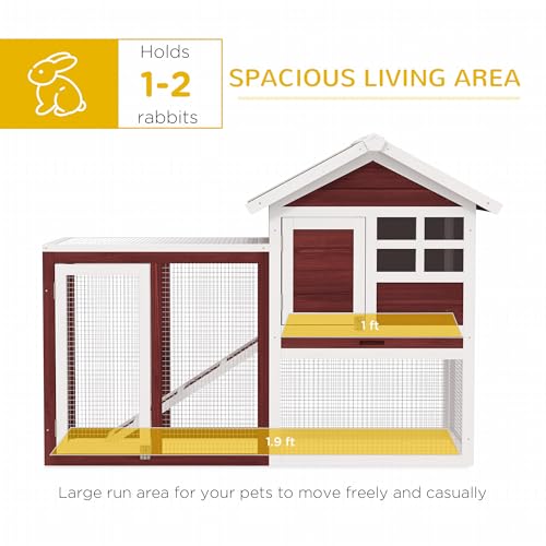 PawHut 49" Wooden Rabbit Hutch Bunny Cage with Fun Outdoor Run Brown | Waterproof Asphalt Roof, Removable Tray and Ramp, for Rabbits, Chickens, Ducks - color: Brown and White