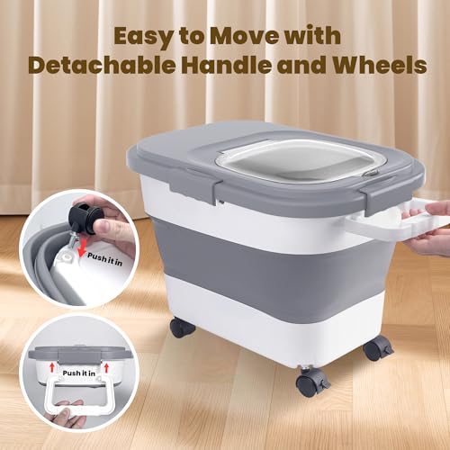HOYTAMDA 20-30Lbs Collapsible Rice Container,Food Storage Containers Wheels | Rice Storage Container with Airtight Clear Lid,Handle,Small Bin &Scoop,Rice Dispenser for Flour Sugar Cereal Dog Cat Food - color: Grey-20/30lbs