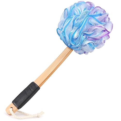FORENEE Blue, Purple and White Loofah on a Stick, PE Mesh Back Scrubber | Soft PE mesh for rich lather and gentle cleansing; water-resistant coated wood handle, non-slip rubber grip and hanging loop - style: Purple Blue White