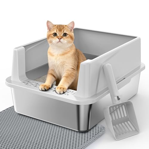 Stainless Steel Cat Litter Box with Lid, High-Sided Metal Litter Pan for Small Cats, Kitty Litter Box, Non-Stick & Odor-Resistant, Anti-Urine Leakage, Easy to Clean, Scoop Included - color: Silver Grey, size: S