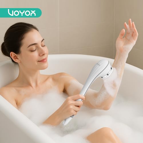 VOYOR Electric Body Brush Back Scrubber for Shower Rechargeable BC100, Grey | Exfoliating Bath Brush Powered Shower Brush with Non-Slip Long Handle Deep Cleansing, Exfoliation, Massaging Spin Brush - color: Grey