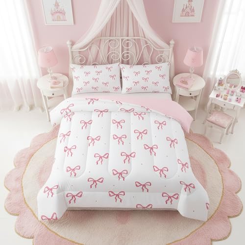 QOOMO Pink Bow Comforter Set Twin,Bowknot Bedding Set for Kids | 3Pcs Bedding Set Printed Comforter with 2 Pillowcases,Soft Microfiber,Lightweight and Comfortable,for All seasons - color: Bow 3, size: Twin