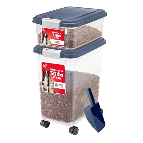 IRIS USA Dog Food Storage Container, Up to 30+11 lbs, Gray/Dark Gray | Made in the USA, Includes 2-Cup Scoop & Wheels, Airtight Seal, BPA-Free, Bird Seed, Cat food, Cat Litter, Treats, Toys - color: Navy
