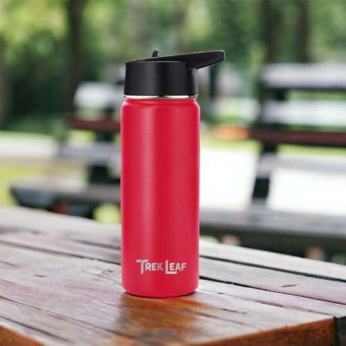 Travel Water Bottle with 3 Lids (Spout, Straw, Flip) Leak Proof, Quality, Vacuum Insulated, Stainless Steel (Red, 18 oz) - color: Red, size: 18 Ounces
