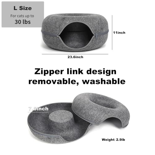 Large Cat Tunnel Bed for Indoor Cats with 3 Toys, Scratch Resistant Donut Cat Bed, Up to 30 Lbs (L 24x24x11, Dark Grey) - color: Dark Grey