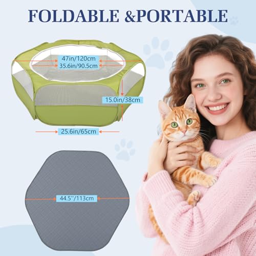 Pawaboo 2-in-1 Small Animals Playpen with Pad, Green+Gray | Waterproof, Reusable Pad, Portable Outdoor Yard Fence with 3 Metal Rod, For Chick/Kitten/Guinea Pig/Rabbits/Chinchillas - color: U-Green+Gray