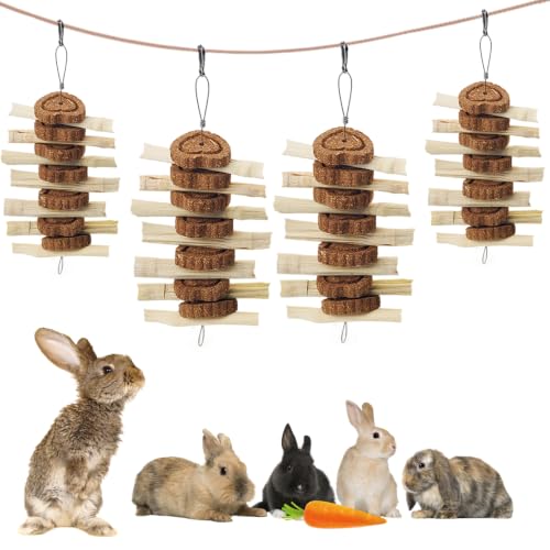 4 PCS Bunny Chew Toys for Grinding Teeth, Hanging Rabbit Snack Toy Natural Chinchilla Sweet Bamboo Sticks Carrot Cake Small Animal Treats String for Chinchilla, Guinea Pigs, Squirrel, Gerbil