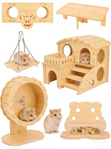6 PCS Wooden Hamster Cage Accessories Toys Set, Hamster House Hideout, Platform, Silent Wheel, Feeding Box, Swing & Seesaw Toys, Cute Habitat Decor for Syrian Dwarf Hamsters and Gerbil