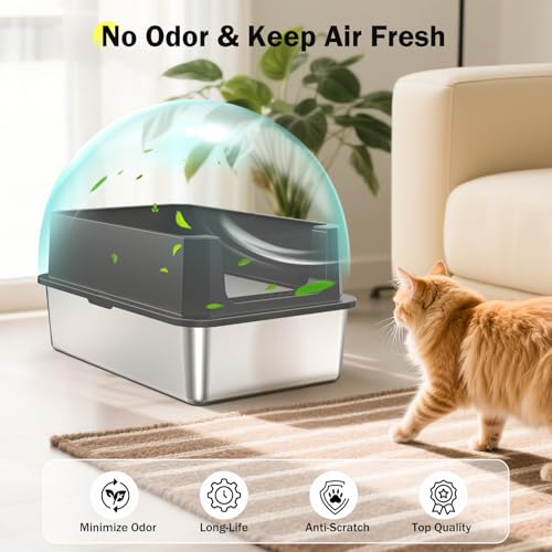Stainless Steel Litter Box, Extra Large Litter Boxes for Big Cats, XLarge Metal Cat Litter Box with Lid, Anti-Urine Leakage XL Box with High Sides, Easy Clean, Non-Sticky, Scoop Included - color: Dark Grey, size: XL