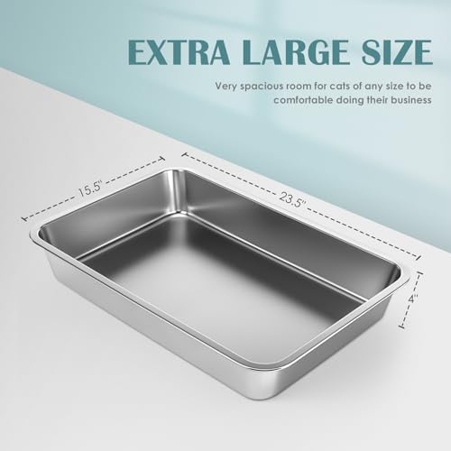 Stainless Steel Cat Litter Box, Large Metal Litter Box, 23.5" Lx15.5 Wx4 H | Never Absorbs Odors,Stain Free, Rustproof, Non Stick Smooth Surface, Anti-Slip Rubber Bottom - color: 4" H, size: 23.5"L x 15.5"W