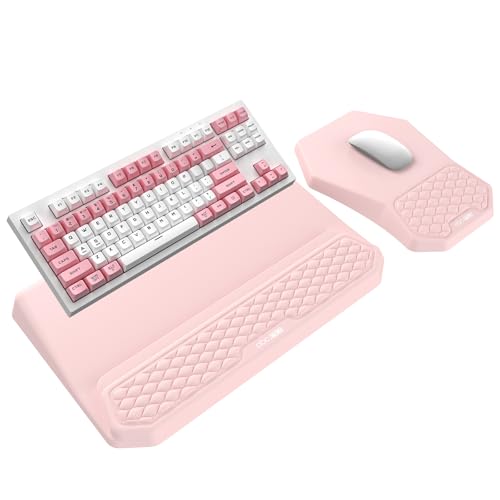 3-in-1 Ergonomic Keyboard Stand with Wrist Rest & Mouse Pad Set, Pink | Comfy Keyboard Riser Holder Soft Mousepad with Massage Design, Memory Foam and Non-Slip PU Base for Pain Relief - color: Light Pink