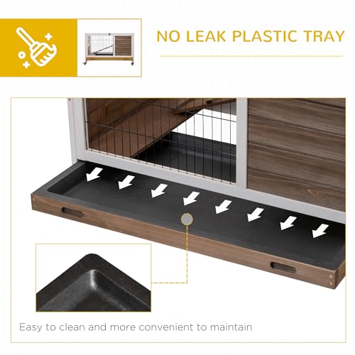 PawHut Wooden Rabbit Hutch Indoor Outdoor, Elevated Bunny Cage with No Leak Tray Enclosed Run with Wheels, Ideal for Guinea Pigs and Small Animals, Brown | No Leak Tray Enclosed Run with Wheels, for Rabbits, Chickens, Ducks, Guinea Pigs and Small Animals