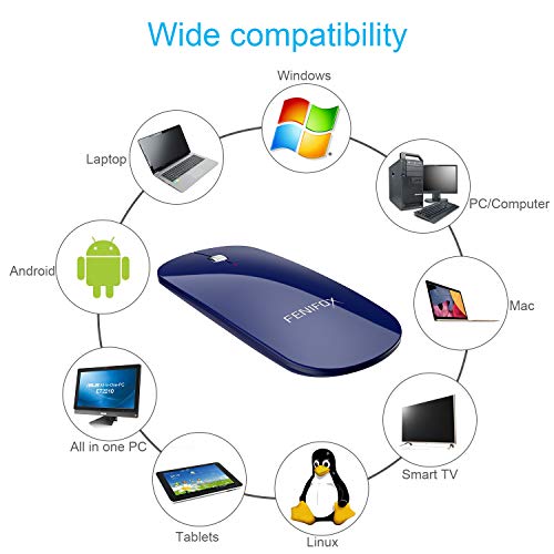 FENIFOX Wireless Bluetooth Mouse, Slim Travel Silent Rechargeable Blue | Flat, Portable, Whisper Quiet, 3 Buttons Design , 2400 DPI Precision for iPad Laptop MacBook Tablet iPhone - color: Blue