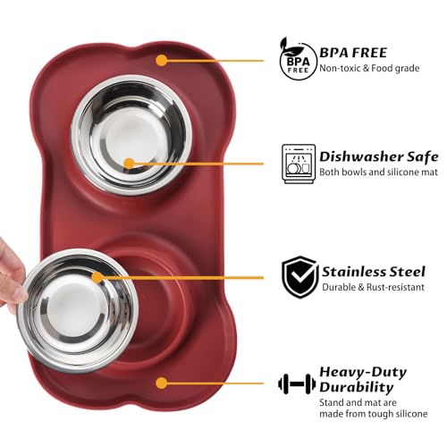 Hubulk Pet Dog Bowls 2 Stainless Steel Dog Bowl with No Spill Non-Skid Silicone Mat + Pet Food Scoop Water and Food Feeder Bowls for Feeding Small Medium Large Dogs Cats Puppies (Burgundy, Small) - color: Burgundy, size: Small