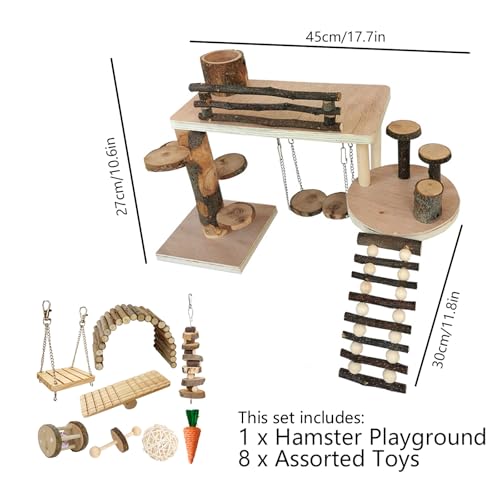Wooden Hamster Playground & Activity Set, Hamster Climbing Toy, with Platform, Bridge, and Ladders for Small Pets (Wooden)