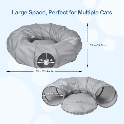 Cat Tunnel Bed with 2Pcs Interactive Toys, 3-in-1 DIY Collapsible Plush Cat Tube with Washable Mat, Large Indoor Play Tunnel Cave for Kittens and Small Animals - color: Cool Gray