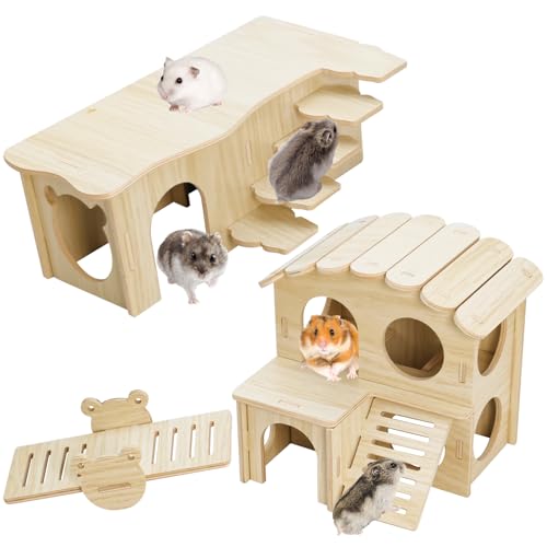 BNOSDM Hamster Tunnel Hideout Set, Wooden Hamster House Toy with Slide & Seesaw, Small Animals Cage Accessories for Syrian Dwarf Hamsters, Gerbils - color: Style D