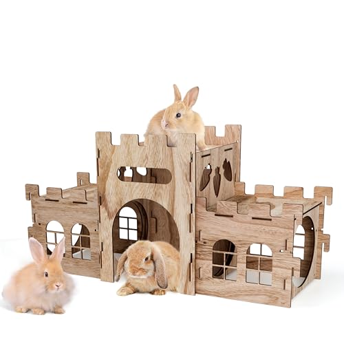 HIIMALEX Large Bunny Castle Sturdy House for Rabbits Ferrets Guinea Pigs | Wooden bunny hideout, split balcony, tunnel tower, ventilated habitat for rabbits, ferrets, guinea pigs, hamsters