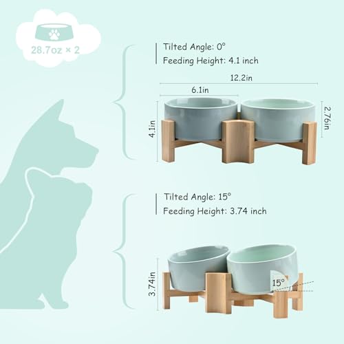 SPUNKYJUNKY 15° Slanted Ceramic Dog and Cat Bowl with Wooden Stand, Tilted Bulldog Food and Water Bowl No Slip Non-Spill for Cats Medium Dogs Big Face Pets 28.7 OZ (3.6 Cups, Morandi Green × 2) - color: Morandi Green, size: 3.6 CUPS × 2