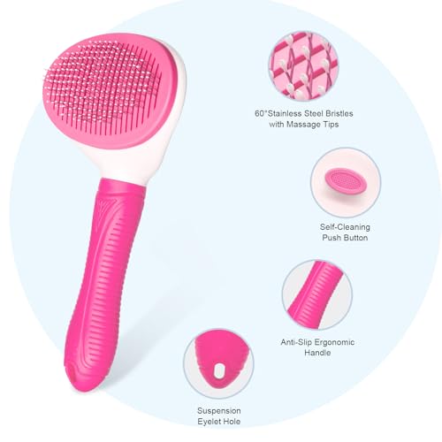 Aogeili Self Cleaning Slicker Brush, Skin Friendly Deshedding Grooming Tool for Dogs, Cats & Bunny, One-Click Release Removes Loose Undercoat, Mats & Tangles, for Long & Short Hair Shedding Pets - color: Pink