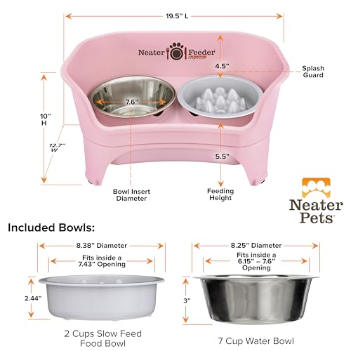 Neater Feeder Express Mess Proof Dog Bowls Elevated for Medium and Large Breed – Made in USA – No Spill Raised Slow Feeder Elevated Dog Bowl Stand, Slow Feed Food and Water Bowl Set, Pink - color: Pink, size: Medium to Large w/ 9 Peak Slow Feed Bowl