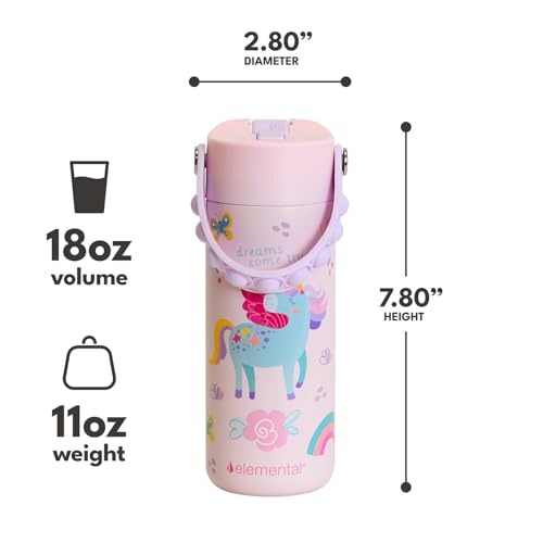 Elemental 100% Leak Proof When Spout is Closed Insulated Kids Water Bottle, Stainless Steel Bottle for School with Straw Lid & Pop-It Handle, Pink Tie Dye & Unicorn Rainbow -18oz (2 Pack) - color: Pink Tie Dye & Unicorn Rainbow